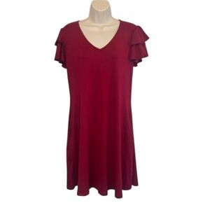 NIVYEE Casual A-Line V-Neck Casual Dress, Flutter Sleeves, Pockets, Red, Medium